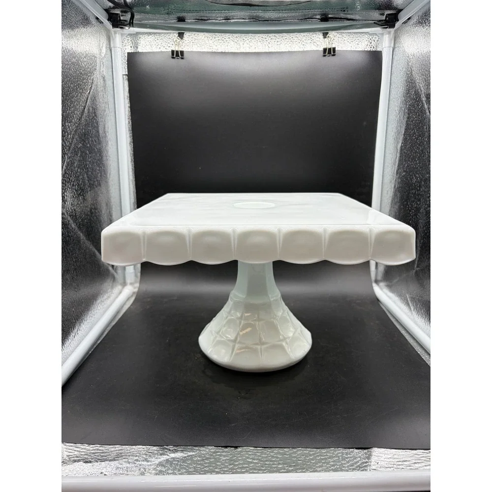 Vintage Milk Glass Square Cake Stand Scalloped Edge Pedestal Dessert Display 10